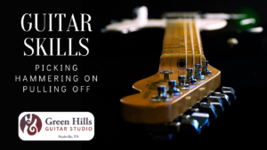 Fender Stratocaster, Green Hills Guitar Studio logo, Guitar Skills course title