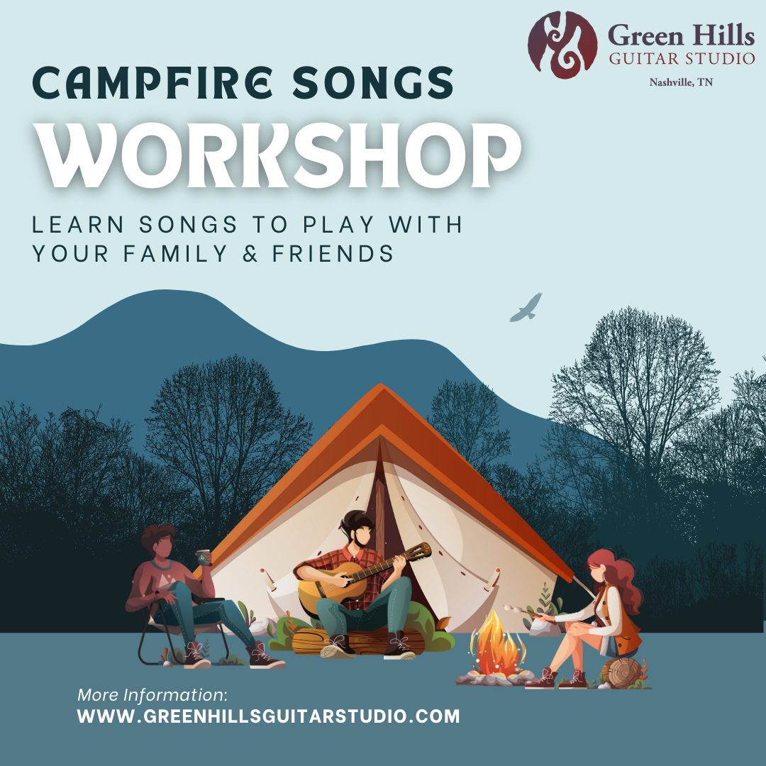 Campfire Songs Workshop, animated image of 3 people sitting in front of a tent and fire playing and singing songs